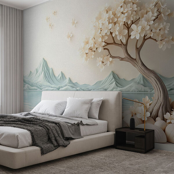 Árvore com flores e pedras junto à água Papel de parede Árvore com flores e pedras junto à água