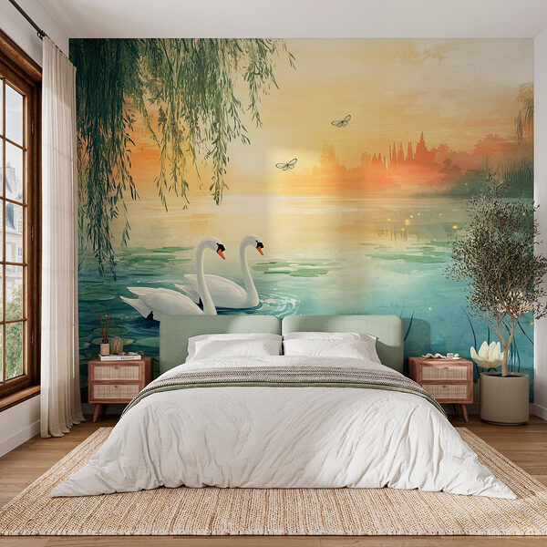 Dois cisnes num lago Papel de parede Dois cisnes num lago