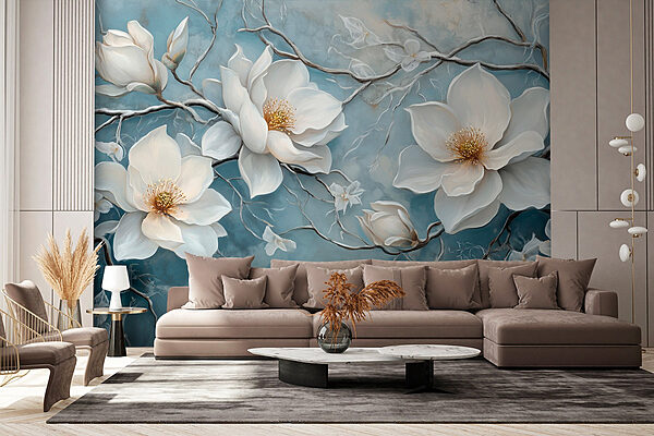 Pintura de flores brancas sobre um fundo azul Papel de parede Pintura de flores brancas sobre um fundo azul