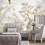 Papel de parede Pintura de uma árvore com flores e borboletas