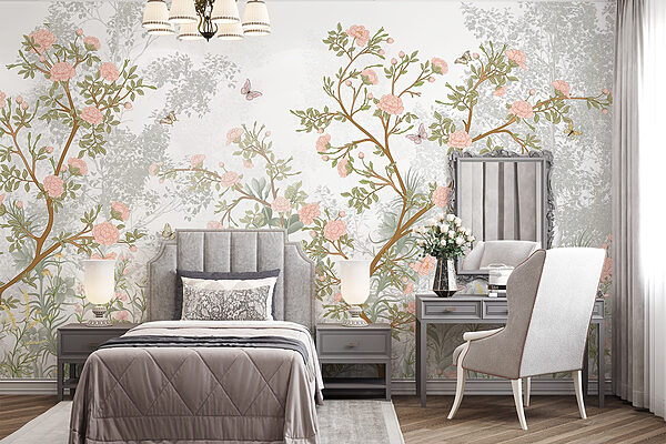 Pintura de uma árvore com flores e borboletas Papel de parede Pintura de uma árvore com flores e borboletas