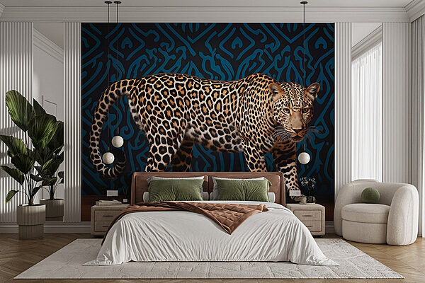 Leopardo de pé num chão de madeira Papel de parede Leopardo de pé num chão de madeira