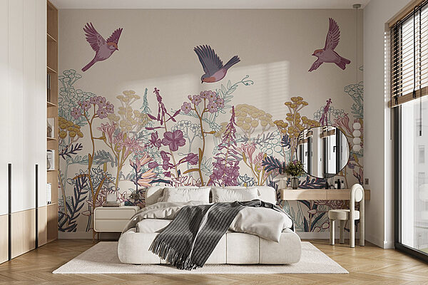 Papel de parede Pássaros a voar sobre flores
