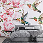 Papel de parede Grupo de colibris a voar junto a flores