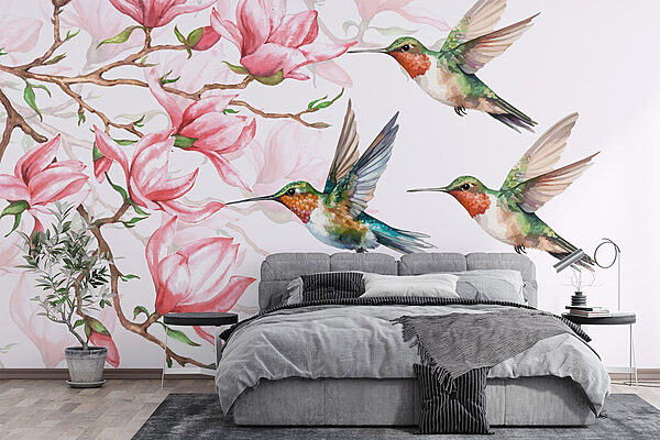 Papel de parede Grupo de colibris a voar junto a flores