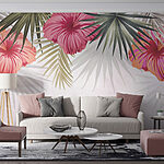 Papel de parede Grupo de flores cor-de-rosa e folhas verdes