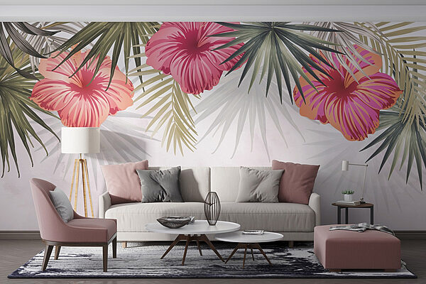 Papel de parede Grupo de flores cor-de-rosa e folhas verdes