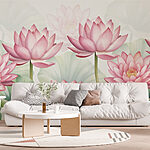 Papel de parede Grupo de flores cor-de-rosa com folhas verdes