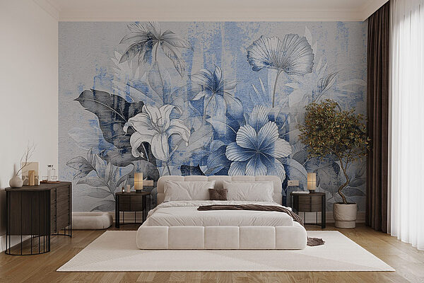 Composição floral serena em tons de azul Papel de parede Composição floral serena em tons de azul