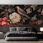 Papel de parede Pintura de pássaros sobre flores