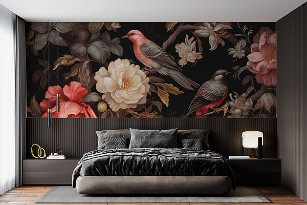 Pintura de pássaros sobre flores Papel de parede Pintura de pássaros sobre flores