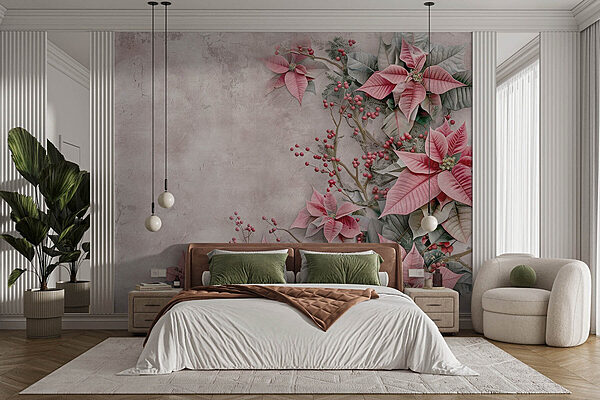 Papel de parede Wall murals Pink flowers and berries on a white surface (REF: w08798) Papel de parede Papel de parede Wall murals Pink flowers and berries on a white surface (REF: w08798)