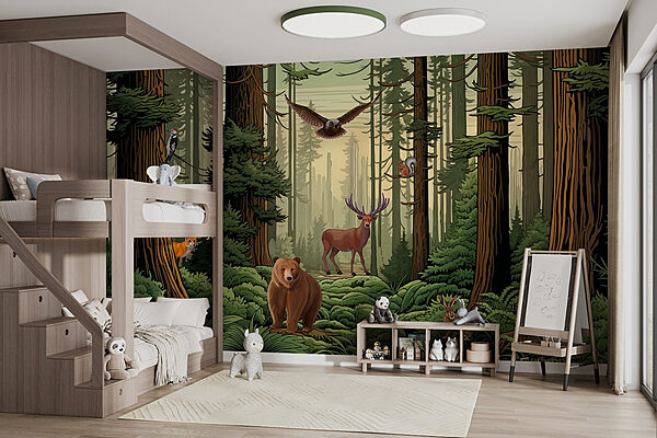 Floresta com animais e aves Papel de parede Floresta com animais e aves