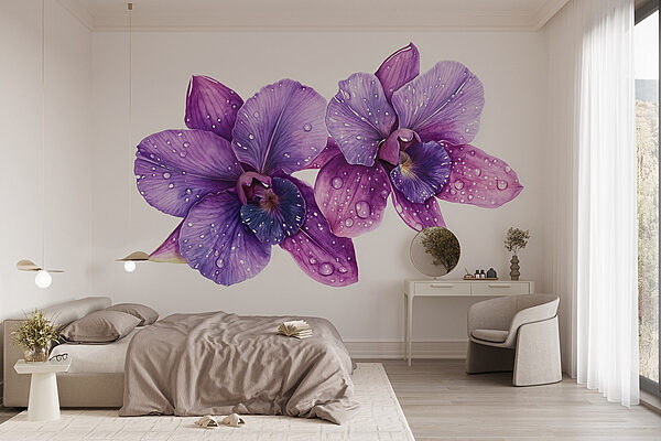 Flores roxas com gotas de água Papel de parede Flores roxas com gotas de água