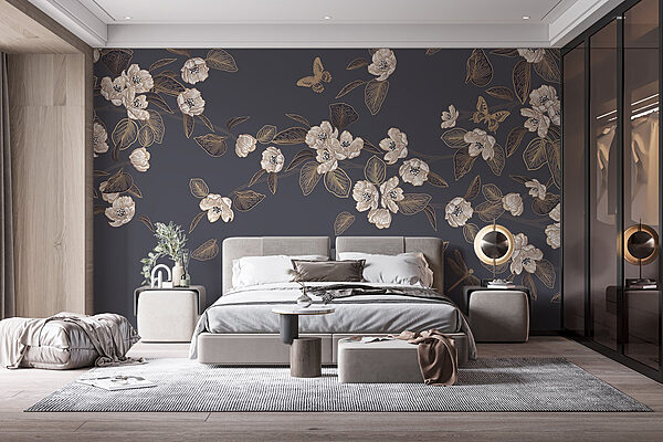 Flores e folhas brancas sobre um fundo cinzento Papel de parede Flores e folhas brancas sobre um fundo cinzento