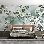 Papel de parede Flores brancas e folhas verdes sobre um fundo branco