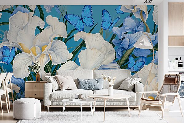 Elegância floral com borboletas vibrantes Papel de parede Elegância floral com borboletas vibrantes