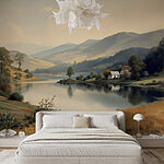 Papel de parede Lago com uma casa e árvores