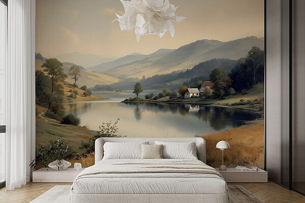Lago com uma casa e árvores Papel de parede Lago com uma casa e árvores