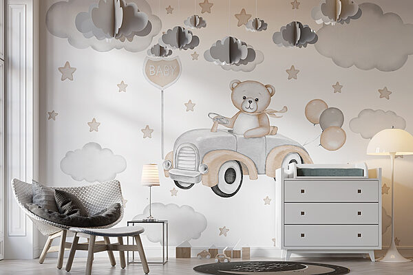 Papel de parede Urso de peluche a conduzir um carro com balões (REF: w03382) Papel de parede Papel de parede Urso de peluche a conduzir um carro com balões (REF: w03382)