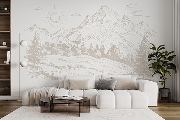 Desenho de uma paisagem com montanhas e árvores Papel de parede Desenho de uma paisagem com montanhas e árvores