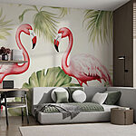 Papel de parede Casal de flamingos cor-de-rosa com folhas verdes