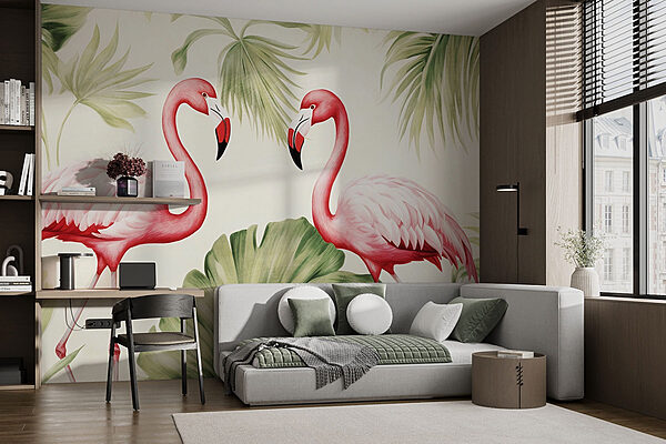Casal de flamingos cor-de-rosa com folhas verdes Papel de parede Casal de flamingos cor-de-rosa com folhas verdes