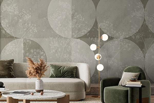 Fundo cinzento e branco com círculos e flores Papel de parede Fundo cinzento e branco com círculos e flores