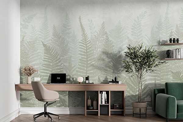 Papel de parede Folhas de feto num ambiente de nevoeiro