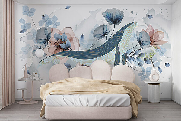 Baleia com flores e folhas Papel de parede Baleia com flores e folhas