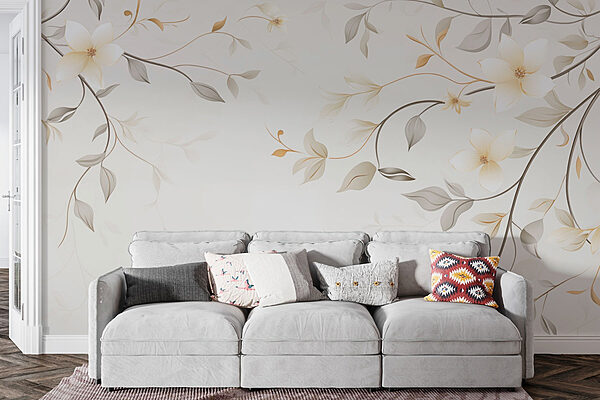 Desenho floral branco e castanho Papel de parede Desenho floral branco e castanho