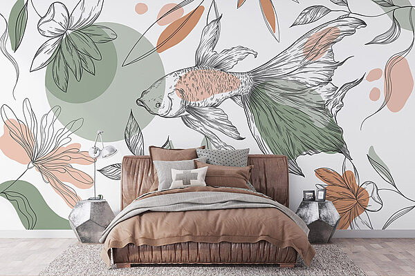 Peixes e plantas sobre um fundo branco Papel de parede Peixes e plantas sobre um fundo branco