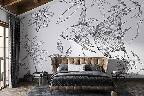 Desenho a preto e branco de um peixe e de plantas Papel de parede Desenho a preto e branco de um peixe e de plantas