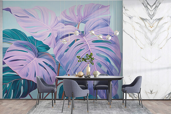 Folhas tropicais exuberantes em tons suaves Papel de parede Folhas tropicais exuberantes em tons suaves