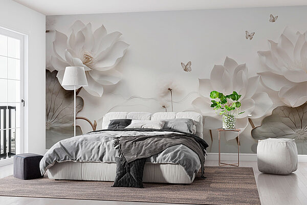 Flores e borboletas de papel branco sobre uma superfície branca Papel de parede Flores e borboletas de papel branco sobre uma superfície branca