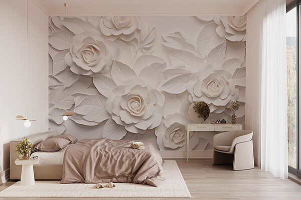 Flores e folhas de papel branco Papel de parede Flores e folhas de papel branco