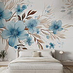 Papel de parede Pintura de flores azuis e folhas castanhas