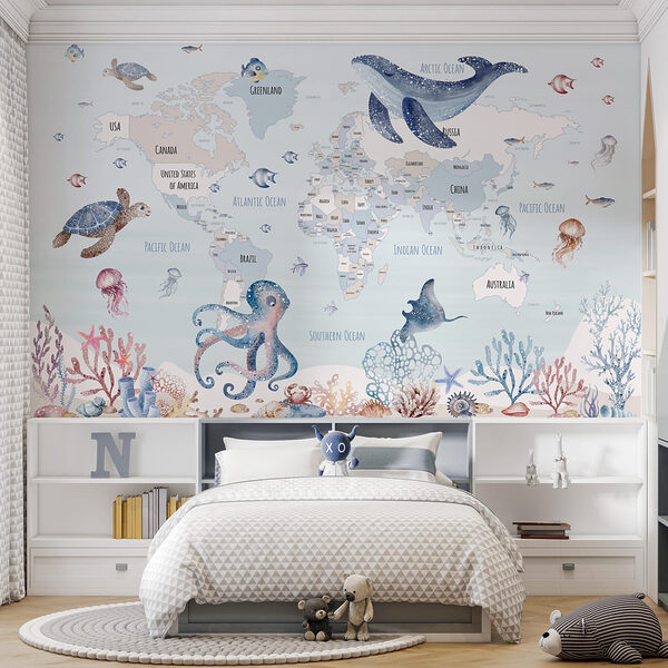 Papel de parede Papel de parede Mapa do mundo com animais marinhos (REF: w03526)