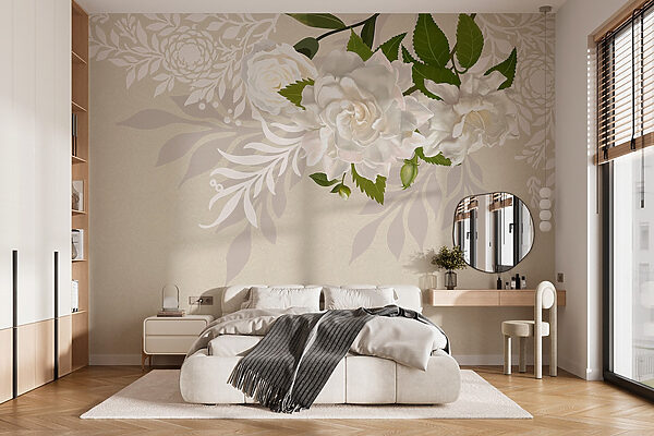 Flores brancas com folhas verdes Papel de parede Flores brancas com folhas verdes
