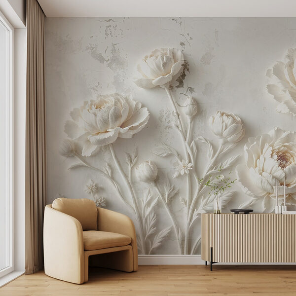 Papel de parede Escultura de uma flor branca numa parede (REF: w03553) Papel de parede Papel de parede Escultura de uma flor branca numa parede (REF: w03553)