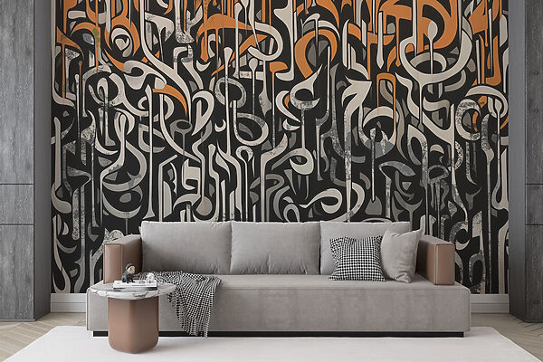 Arte a preto e branco com linhas a laranja e branco Papel de parede Arte a preto e branco com linhas a laranja e branco