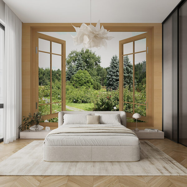Papel de parede Vista de um jardim exuberante através da janela