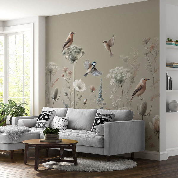 Papel de parede Pássaros em flores e plantas