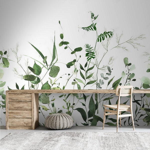 Papel de parede Folhas verdes sobre fundo branco
