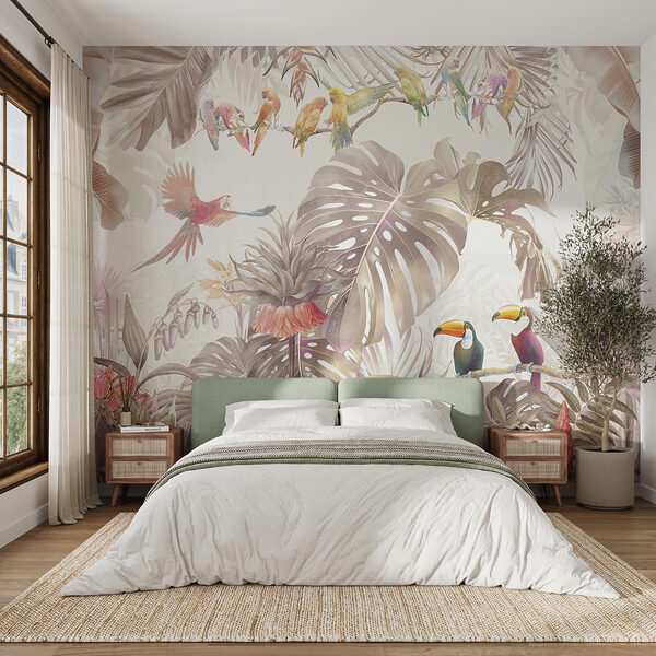 Papel de parede Aves tropicais entre folhagem luxuriante