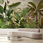 Papel de parede Folhas tropicais e pássaros em harmonia