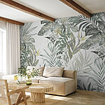 Papel de parede Folhas tropicais com flores delicadas