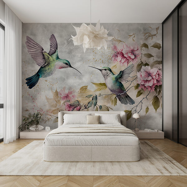 Papel de parede Os colibris dançam entre flores delicadas
