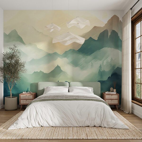 Papel de parede Montanhas enevoadas e árvores ao nascer do sol