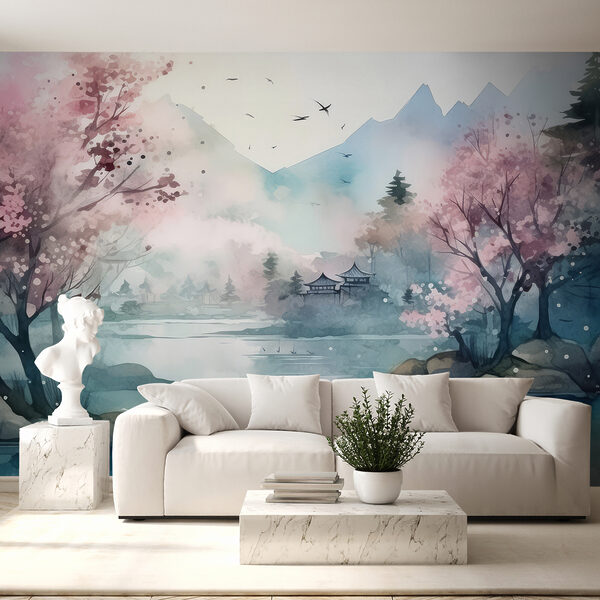 Papel de parede Pintura de uma árvore com flores cor-de-rosa